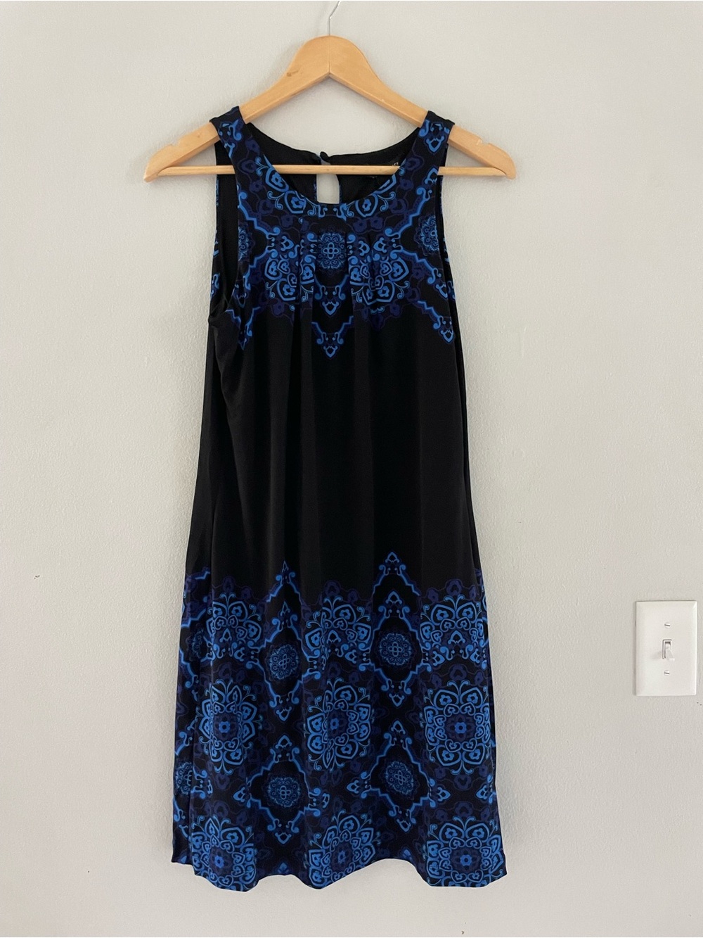 White House Black Market Black Dress with Blue Medallion Print